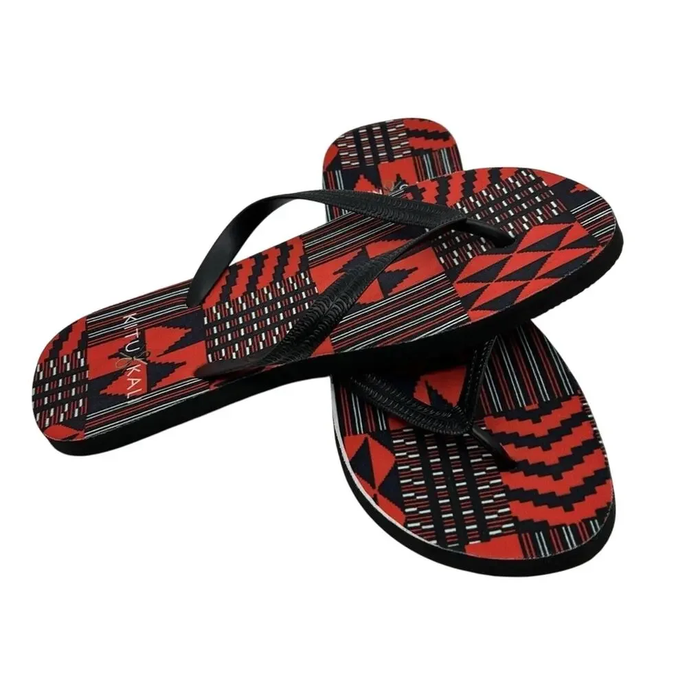 Kitu Kali Flip Flops Men's XXL (US12) Aztec Design Red/Blue